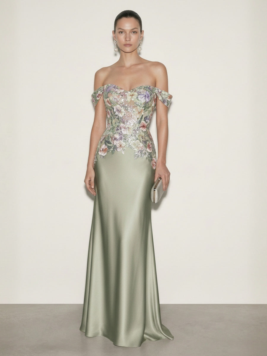 Satin Sheath/Column Off Shoulder Floor-Length Evening Dresses with Floral Bodice