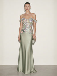 Satin Sheath/Column Off Shoulder Floor-Length Evening Dresses with Floral Bodice