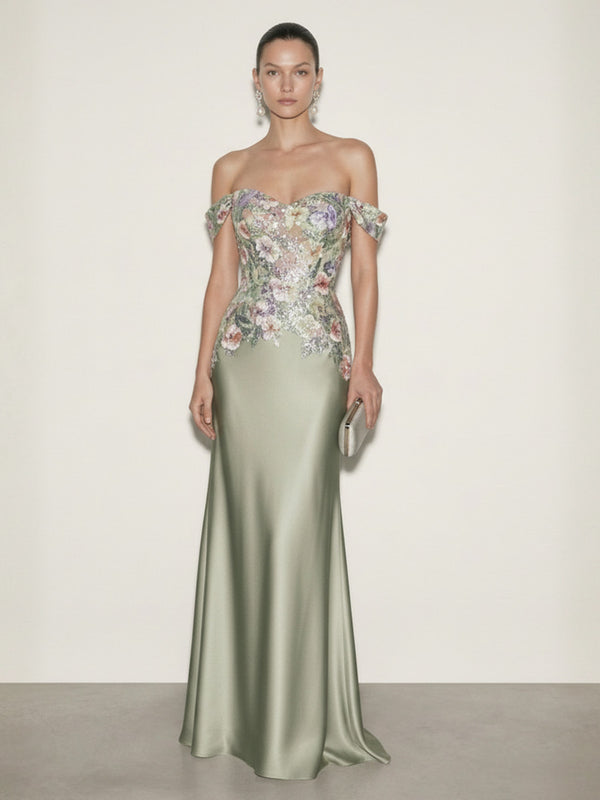 Satin Sheath/Column Off Shoulder Floor-Length Evening Dresses with Floral Bodice