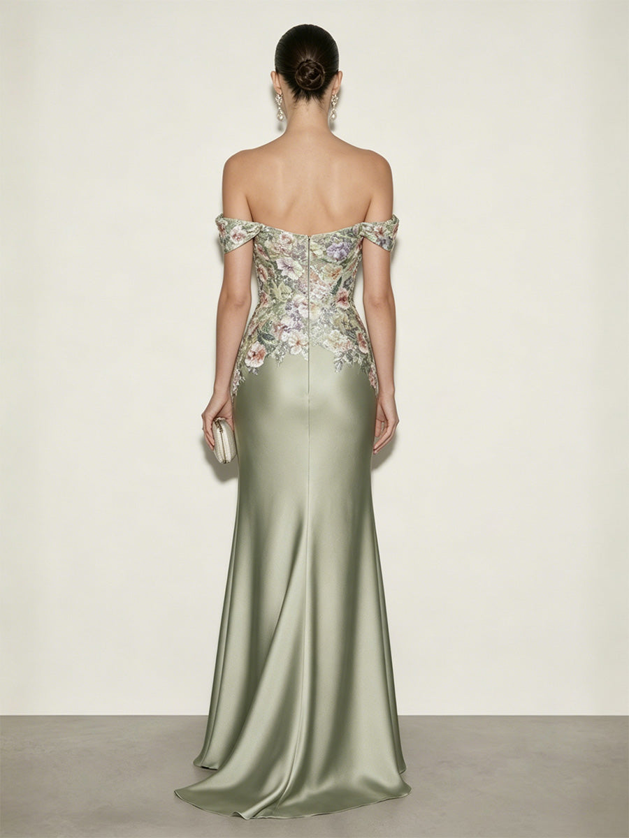 Satin Sheath/Column Off Shoulder Floor-Length Evening Dresses with Floral Bodice