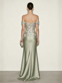 Satin Sheath/Column Off Shoulder Floor-Length Evening Dresses with Floral Bodice