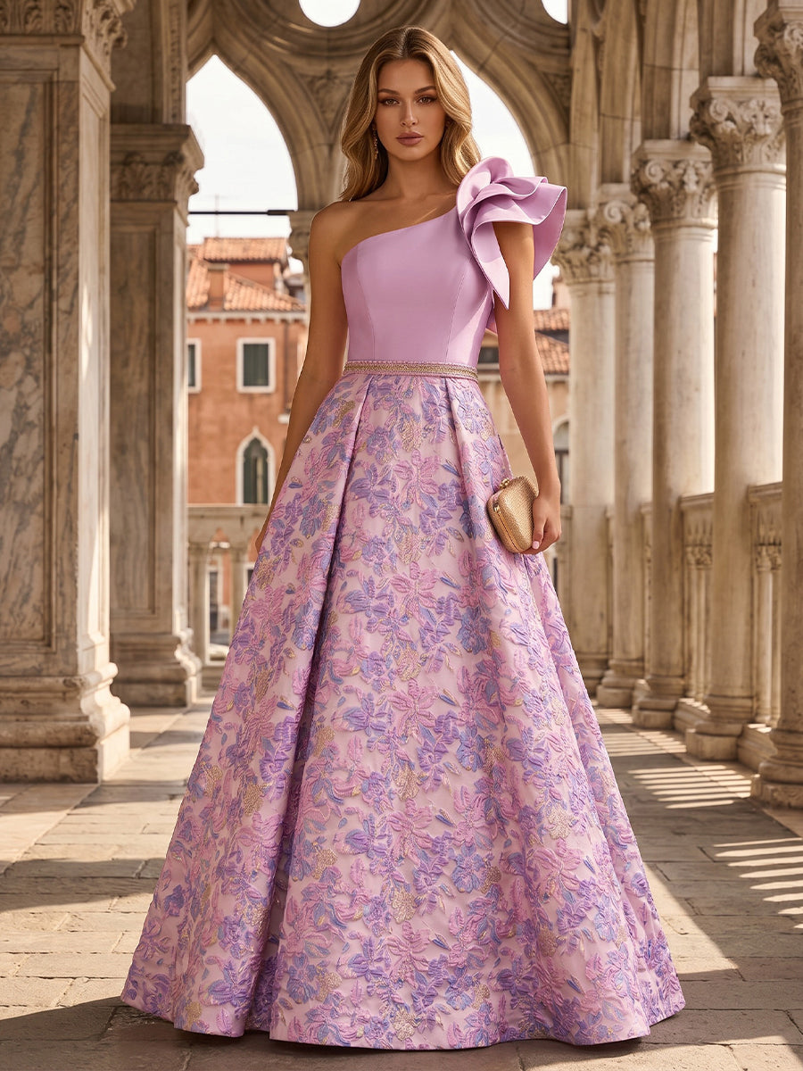 Jacquard A-Line/Princess One Shoulder Floor-Length Evening Dresses with Ruffles
