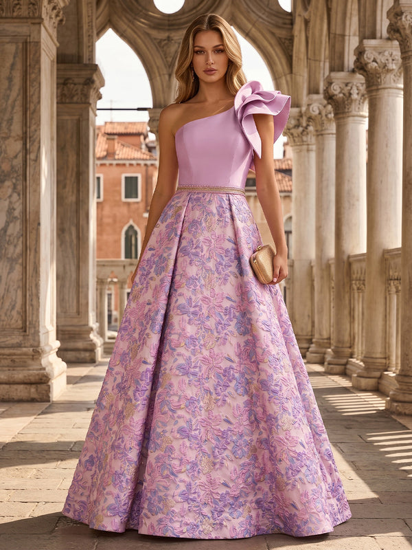 Jacquard A-Line/Princess One Shoulder Floor-Length Evening Dresses with Ruffles