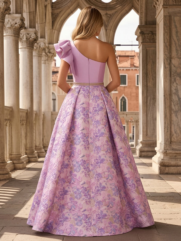 Jacquard A-Line/Princess One Shoulder Floor-Length Evening Dresses with Ruffles