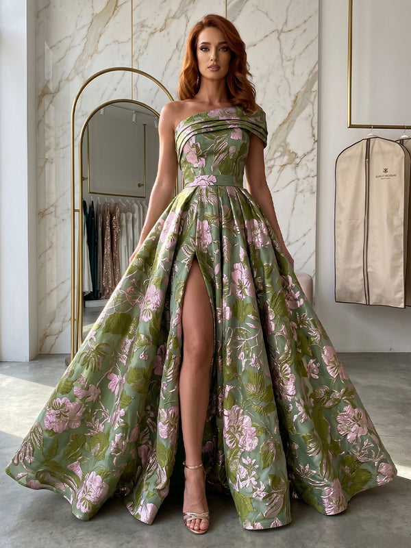 Jacquard A-Line/Princess One Shoulder Floor-Length Evening Dresses with Ruched Waist & Slit
