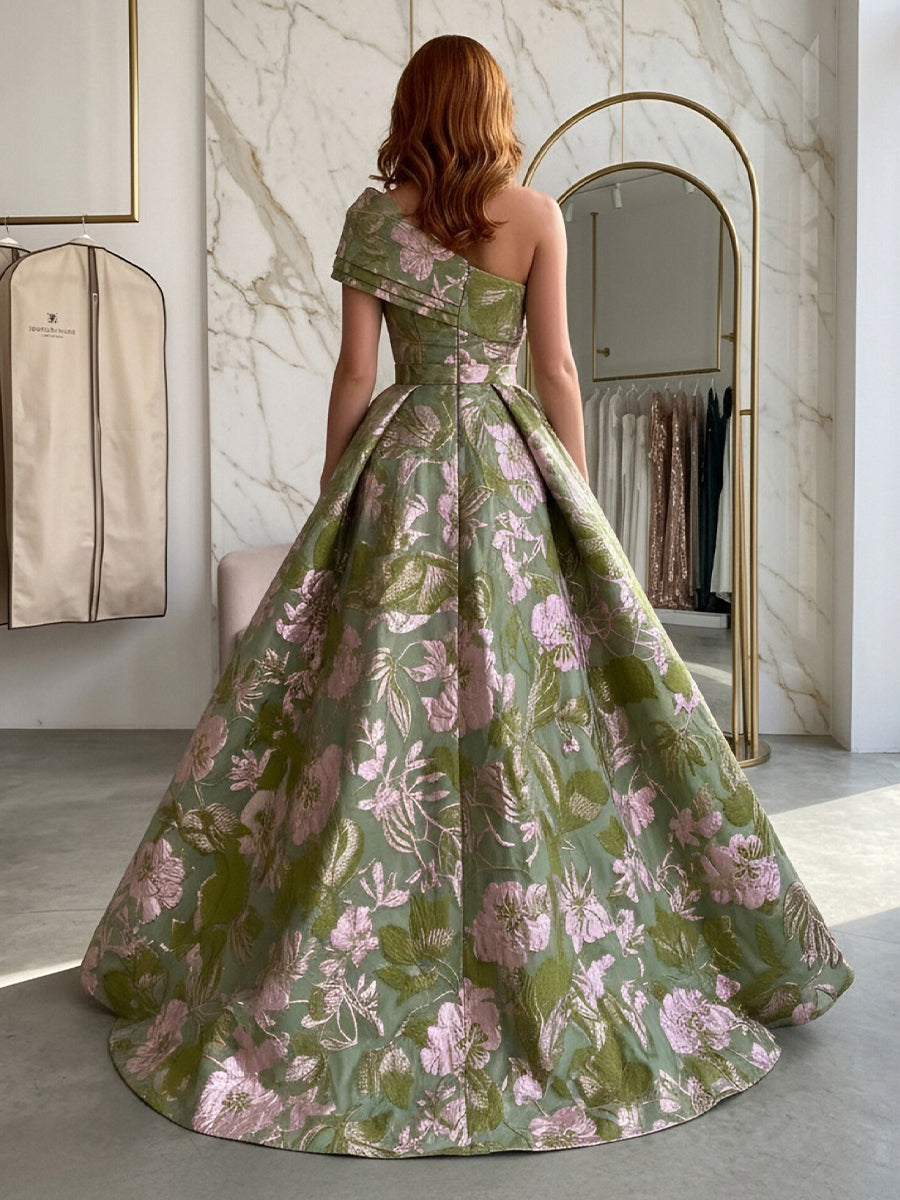 Jacquard A-Line/Princess One Shoulder Floor-Length Evening Dresses with Ruched Waist & Slit