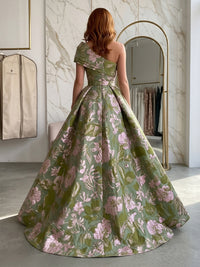 Jacquard A-Line/Princess One Shoulder Floor-Length Evening Dresses with Ruched Waist & Slit