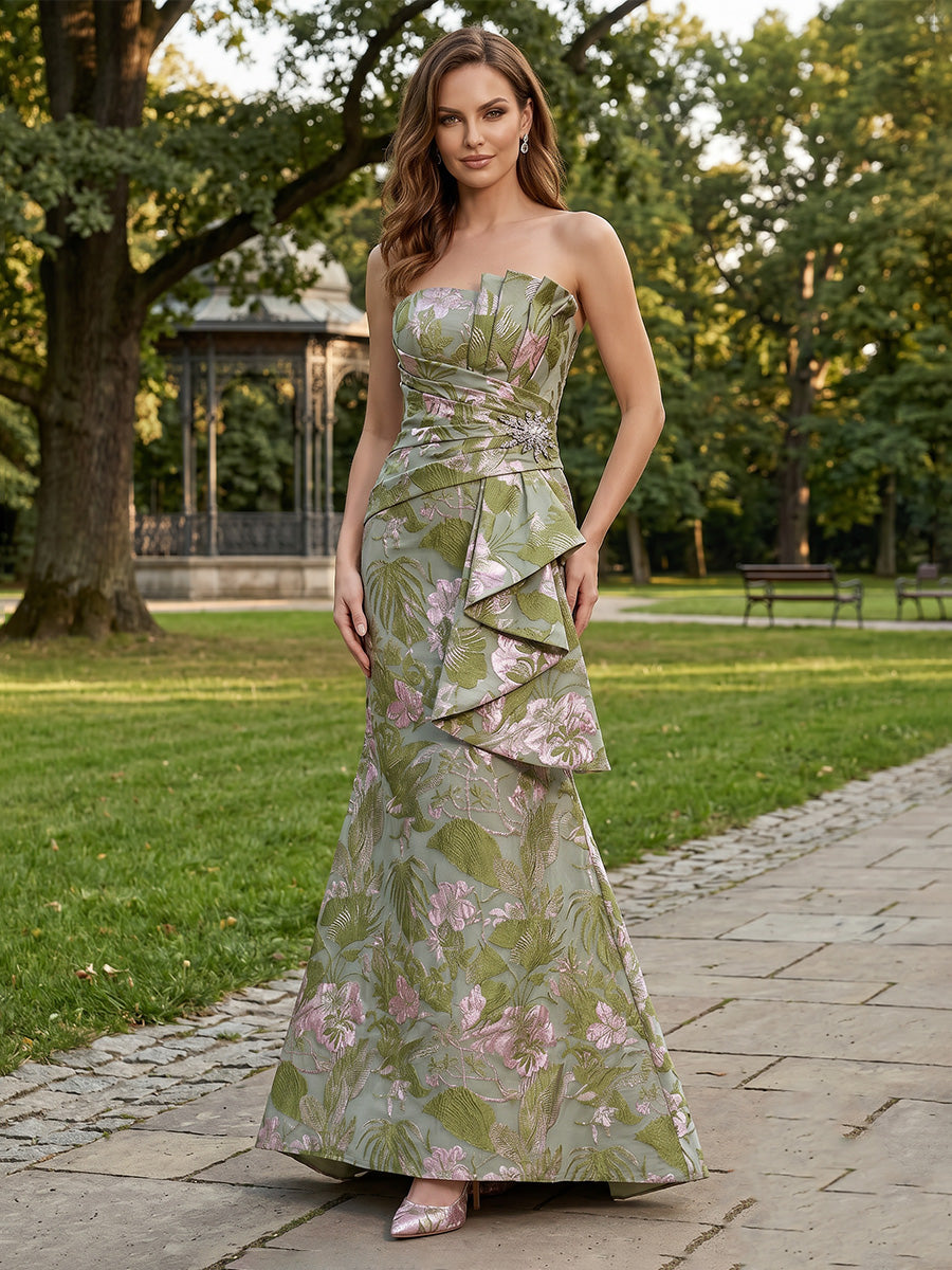 Jacquard Sheath/Column Strapless Floor-Length Evening Dresses with Ruffles