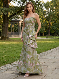 Jacquard Sheath/Column Strapless Floor-Length Evening Dresses with Ruffles