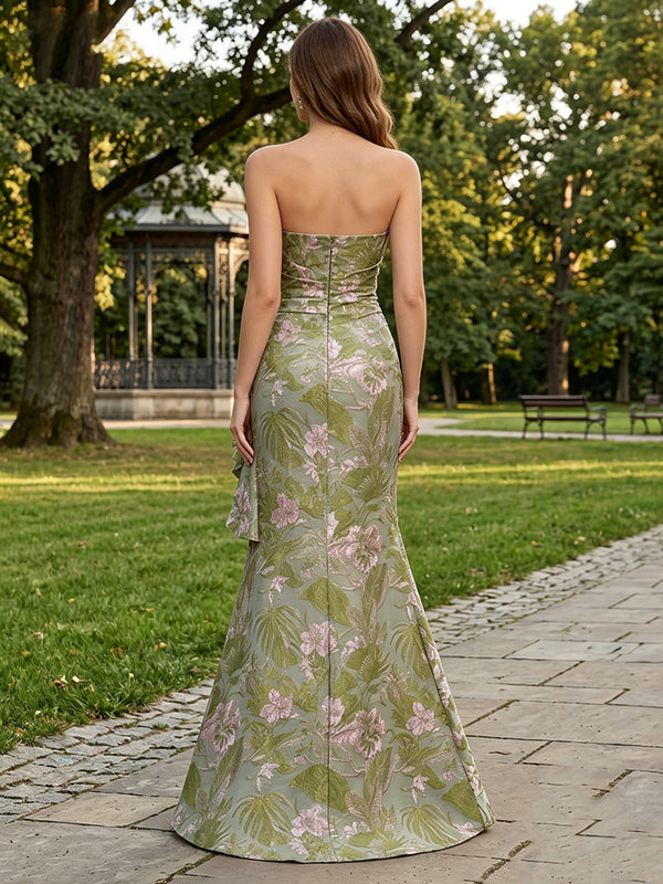 Jacquard Sheath/Column Strapless Floor-Length Evening Dresses with Ruffles