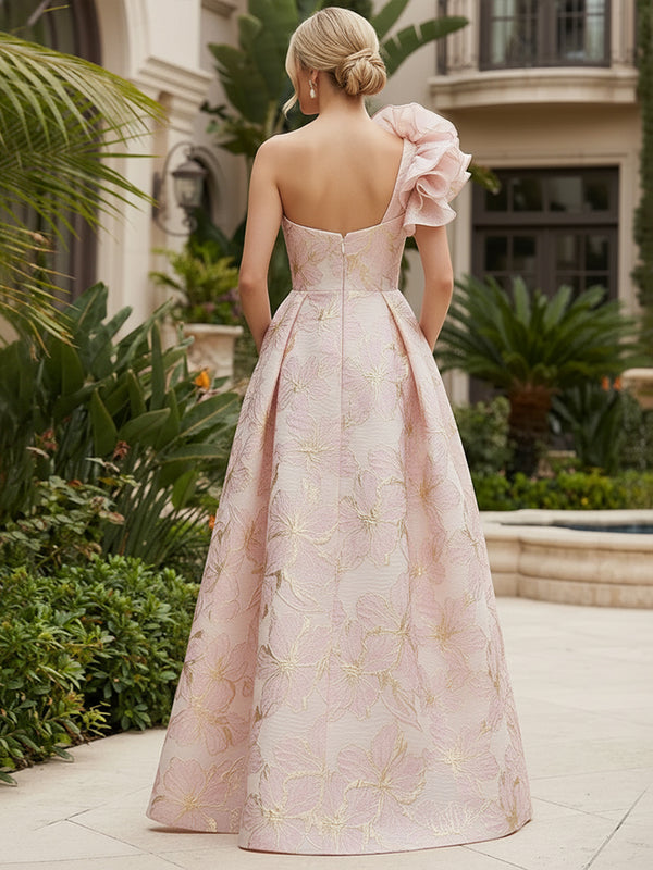 Jacquard A-Line/Princess One Shoulder Floor-Length Evening Dresses with Flower