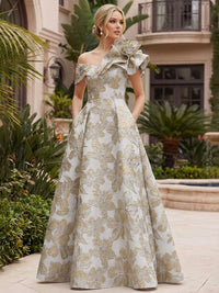 Jacquard A-Line/Princess One Shoulder Floor-Length Evening Dresses with Flower