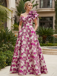 Jacquard A-Line/Princess One Shoulder Floor-Length Evening Dresses with Flower