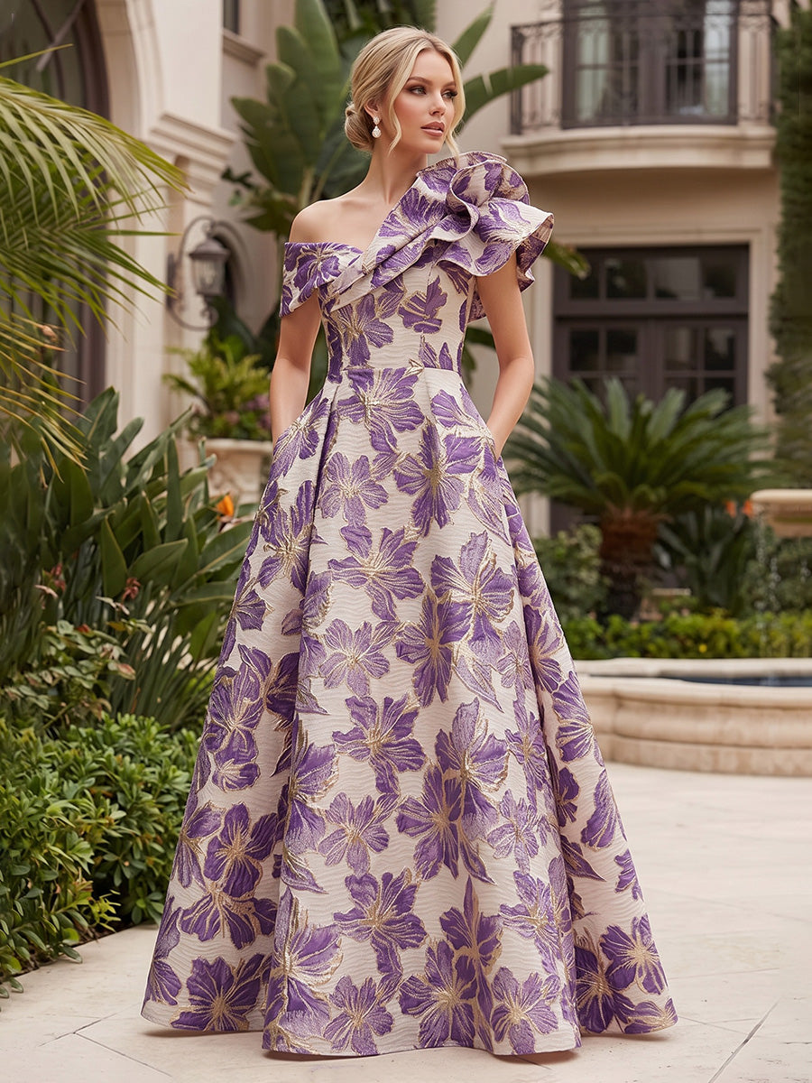 Jacquard A-Line/Princess One Shoulder Floor-Length Evening Dresses with Flower