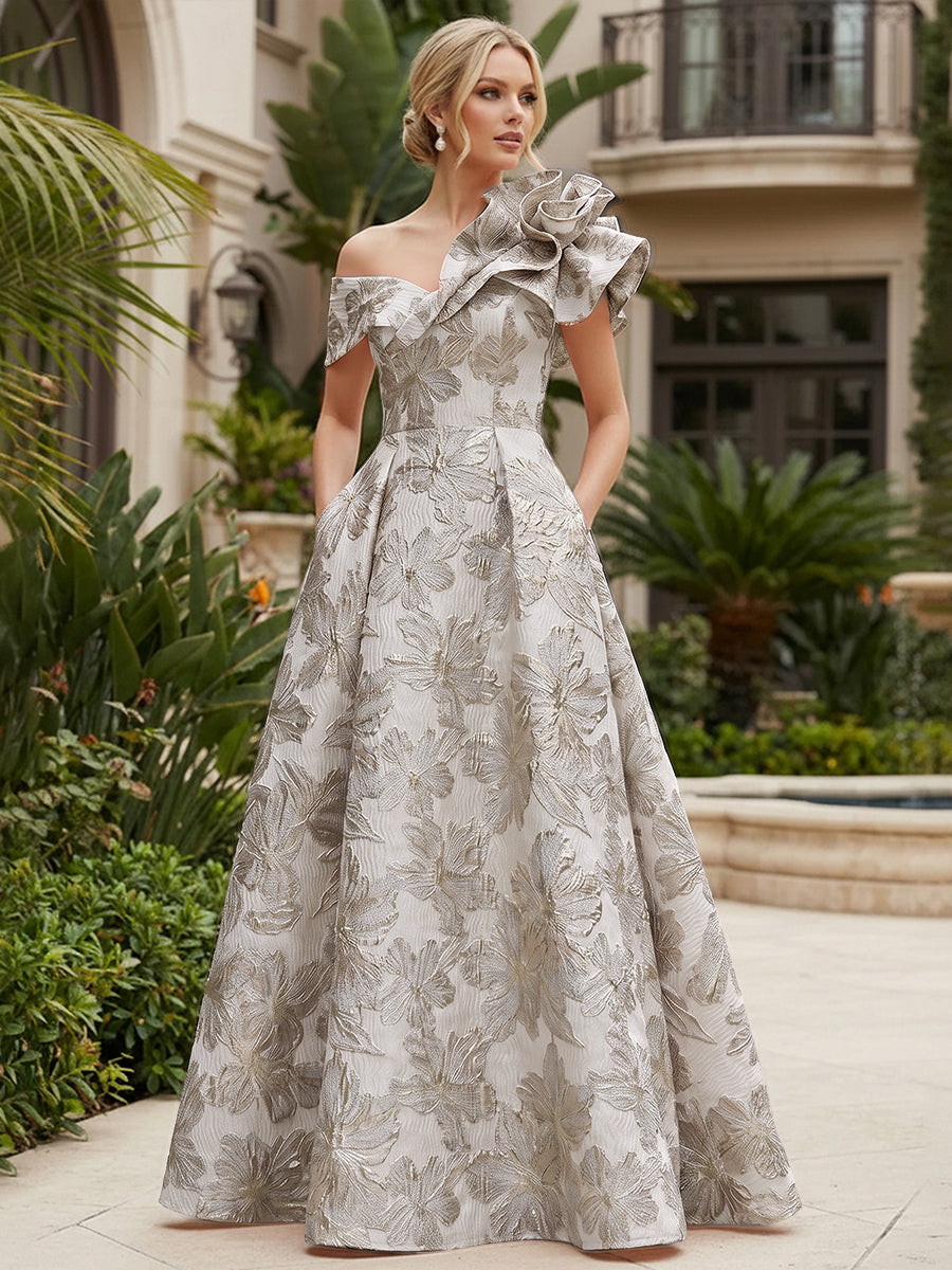 Jacquard A-Line/Princess One Shoulder Floor-Length Evening Dresses with Flower