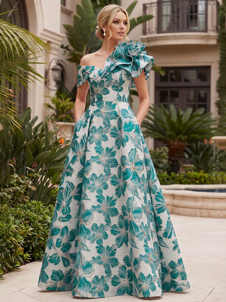 Jacquard A-Line/Princess One Shoulder Floor-Length Evening Dresses with Flower