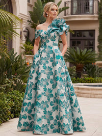 Jacquard A-Line/Princess One Shoulder Floor-Length Evening Dresses with Flower