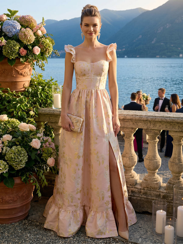 Floral Print A-Line/Princess Sweetheart Floor-Length Evening Dresses with Slit
