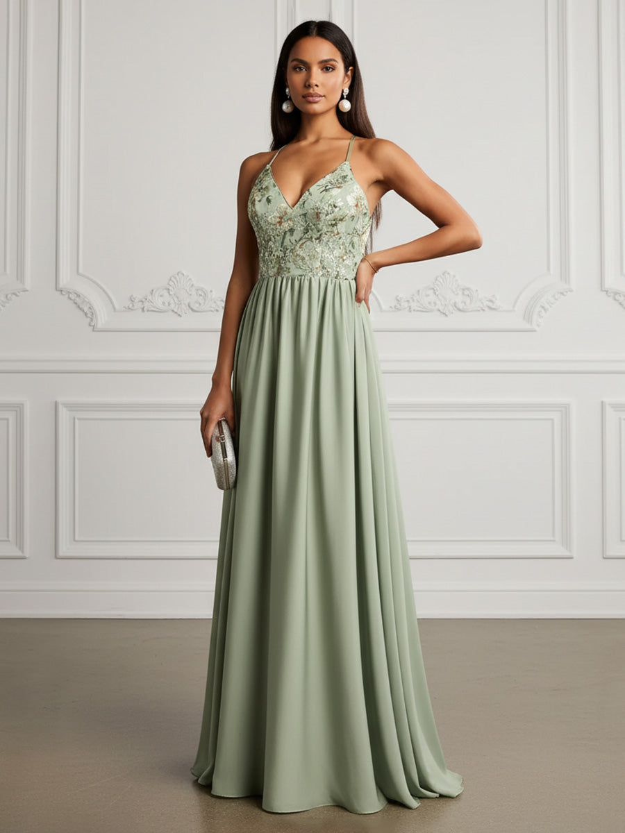 Chiffon A-Line/Princess Spaghetti Straps Floor-Length Evening Dresses with Floral Bodice & Ruched Waist