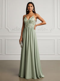 Chiffon A-Line/Princess Spaghetti Straps Floor-Length Evening Dresses with Floral Bodice & Ruched Waist
