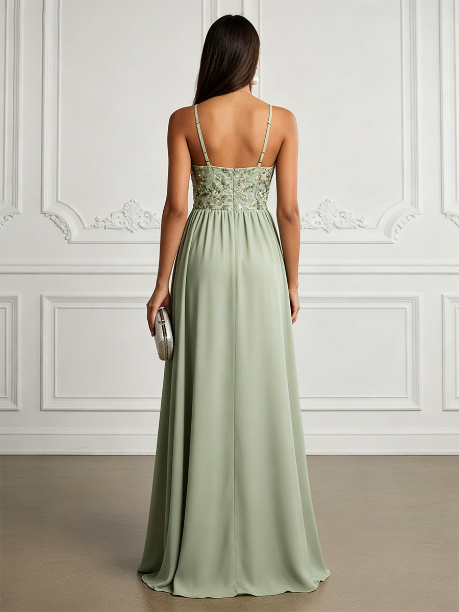Chiffon A-Line/Princess Spaghetti Straps Floor-Length Evening Dresses with Floral Bodice & Ruched Waist
