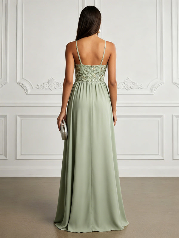 Chiffon A-Line/Princess Spaghetti Straps Floor-Length Evening Dresses with Floral Bodice & Ruched Waist