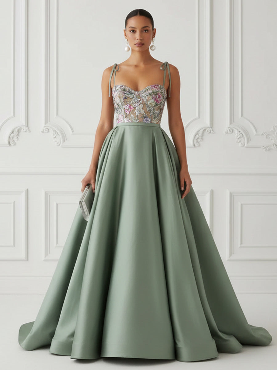 Satin A-Line/Princess Spaghetti Straps Floor-Length Evening Dresses with Floral Bodice & Ruched Waist