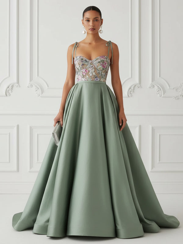 Satin A-Line/Princess Spaghetti Straps Floor-Length Evening Dresses with Floral Bodice & Ruched Waist