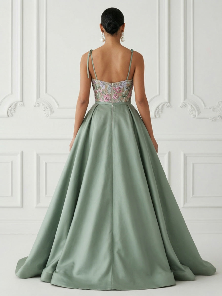 Satin A-Line/Princess Spaghetti Straps Floor-Length Evening Dresses with Floral Bodice & Ruched Waist
