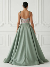 Satin A-Line/Princess Spaghetti Straps Floor-Length Evening Dresses with Floral Bodice & Ruched Waist