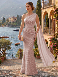 Sequin Mermaid/Trumpet One Shoulder Floor-Length Evening Dresses with Ribbon
