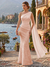 Sequin Mermaid/Trumpet One Shoulder Floor-Length Evening Dresses with Ribbon