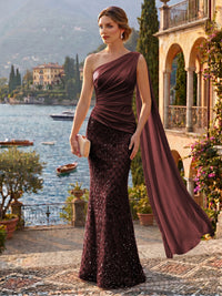 Sequin Mermaid/Trumpet One Shoulder Floor-Length Evening Dresses with Ribbon