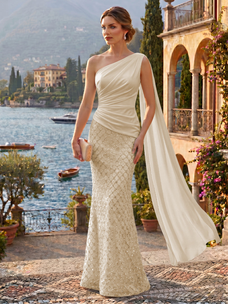Sequin Mermaid/Trumpet One Shoulder Floor-Length Evening Dresses with Ribbon