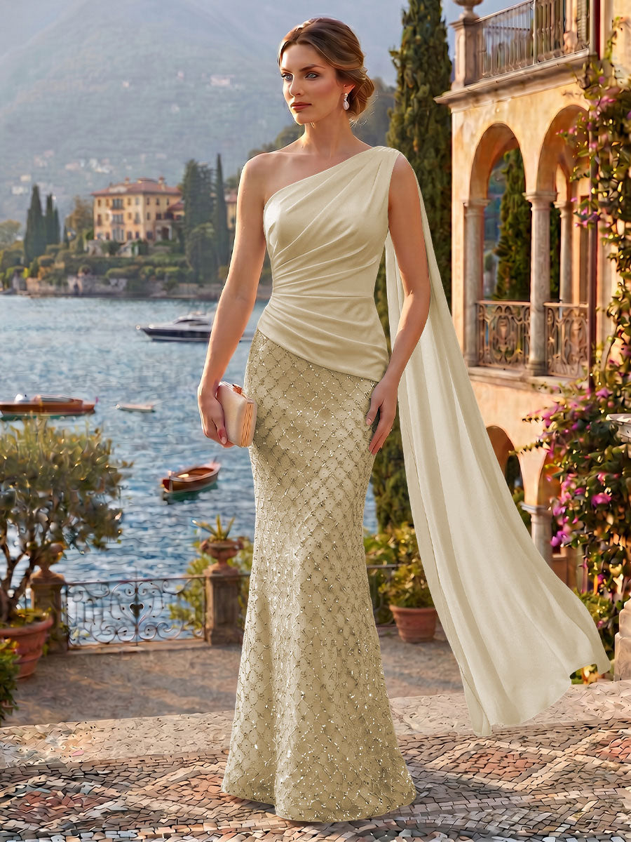 Sequin Mermaid/Trumpet One Shoulder Floor-Length Evening Dresses with Ribbon