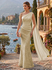 Sequin Mermaid/Trumpet One Shoulder Floor-Length Evening Dresses with Ribbon
