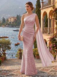 Sequin Mermaid/Trumpet One Shoulder Floor-Length Evening Dresses with Ribbon