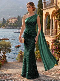 Sequin Mermaid/Trumpet One Shoulder Floor-Length Evening Dresses with Ribbon