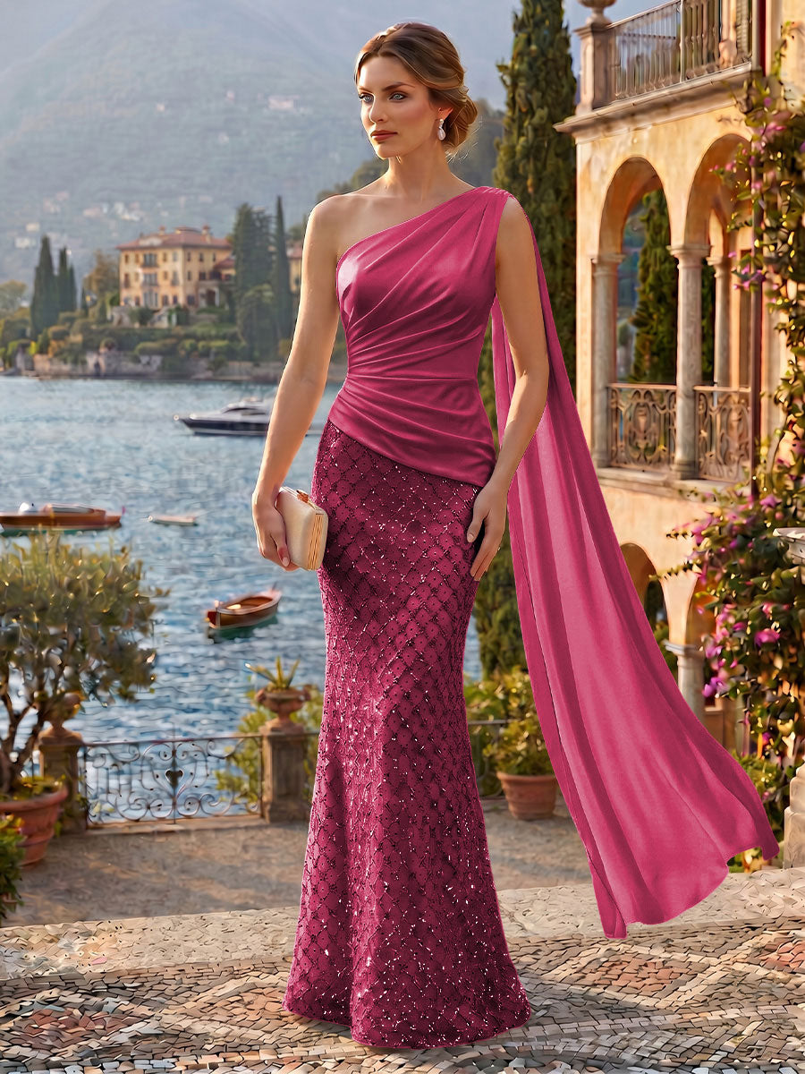 Sequin Mermaid/Trumpet One Shoulder Floor-Length Evening Dresses with Ribbon