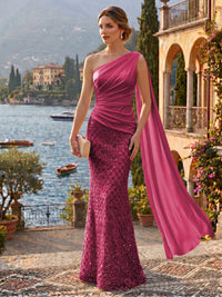 Sequin Mermaid/Trumpet One Shoulder Floor-Length Evening Dresses with Ribbon