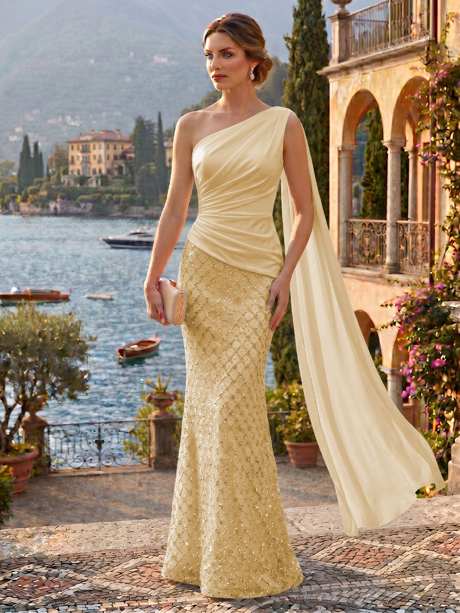 Sequin Mermaid/Trumpet One Shoulder Floor-Length Evening Dresses with Ribbon