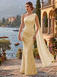 Sequin Mermaid/Trumpet One Shoulder Floor-Length Evening Dresses with Ribbon