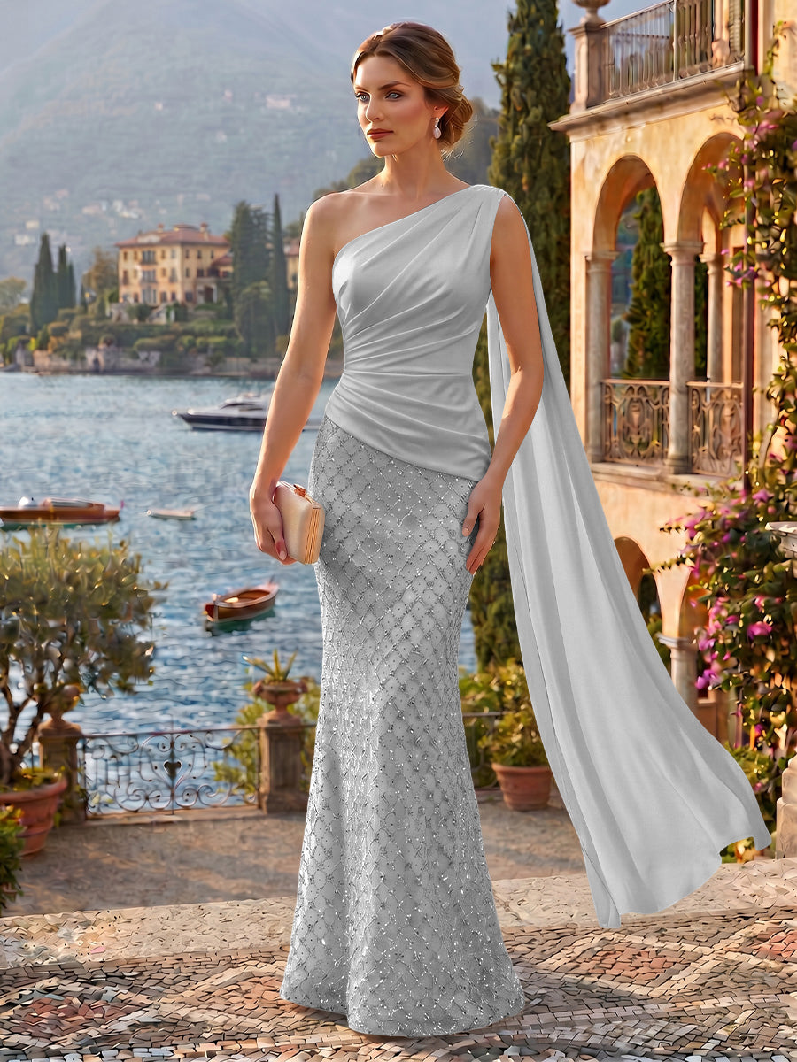 Sequin Mermaid/Trumpet One Shoulder Floor-Length Evening Dresses with Ribbon