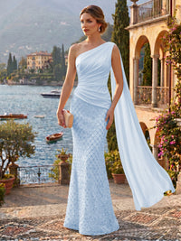 Sequin Mermaid/Trumpet One Shoulder Floor-Length Evening Dresses with Ribbon
