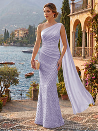 Sequin Mermaid/Trumpet One Shoulder Floor-Length Evening Dresses with Ribbon