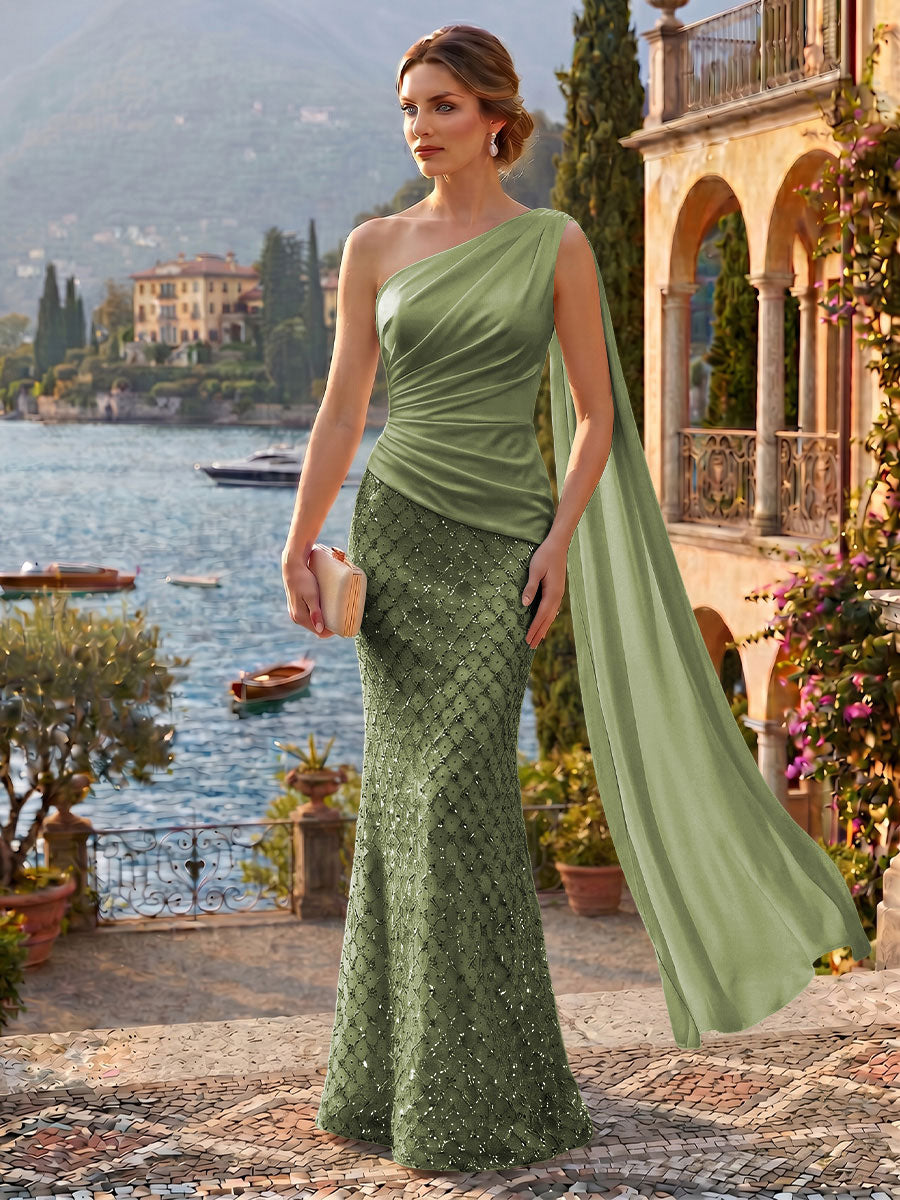 Sequin Mermaid/Trumpet One Shoulder Floor-Length Evening Dresses with Ribbon