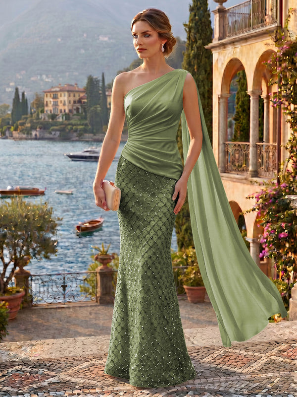 Sequin Mermaid/Trumpet One Shoulder Floor-Length Evening Dresses with Ribbon