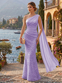 Sequin Mermaid/Trumpet One Shoulder Floor-Length Evening Dresses with Ribbon