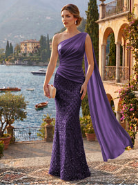 Sequin Mermaid/Trumpet One Shoulder Floor-Length Evening Dresses with Ribbon