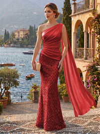 Sequin Mermaid/Trumpet One Shoulder Floor-Length Evening Dresses with Ribbon